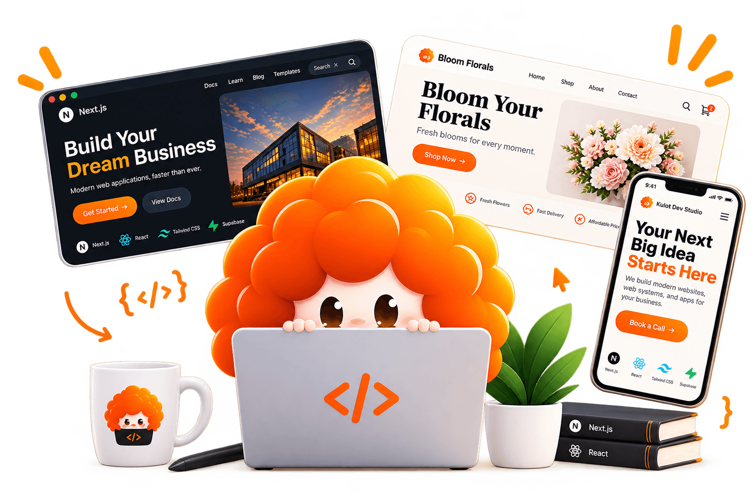The KULOT DEV STUDIO mascot at a laptop, surrounded by browser mockups of a business website and a florals storefront, a phone showing the KULOT DEV STUDIO homepage, a coffee mug, a plant and books.