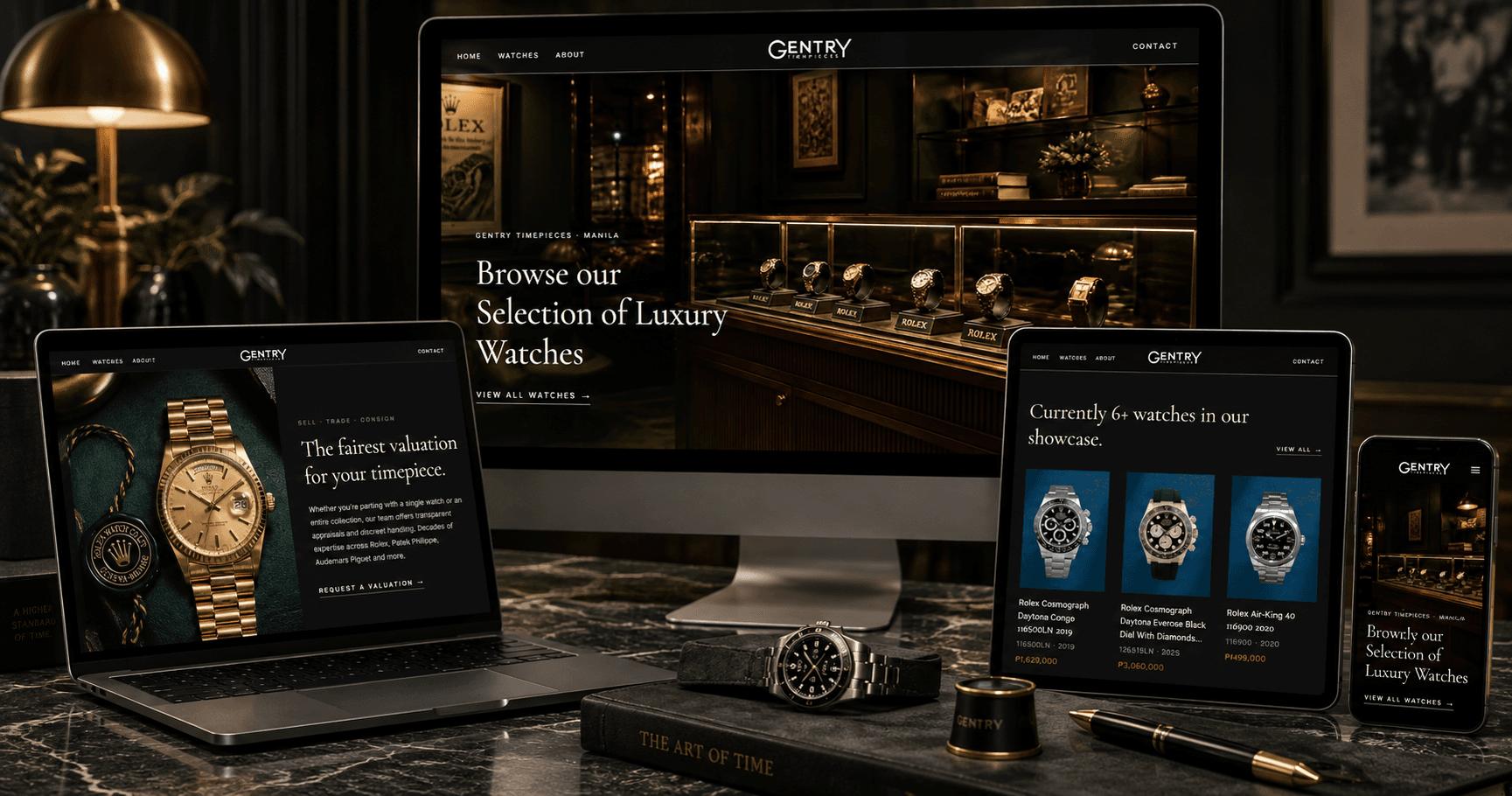 The Gentry Timepieces website on a desktop, laptop, tablet and phone, showing a dark showroom hero and a grid of luxury watches.